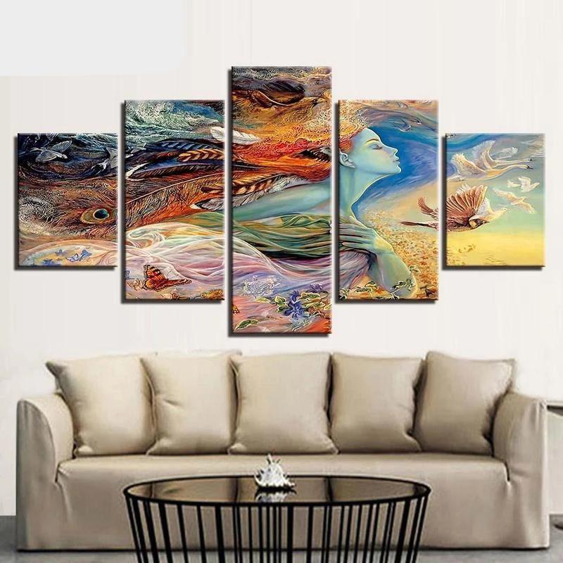 5-Piece Colorful Bird Lady In The Sky Canvas Wall Art