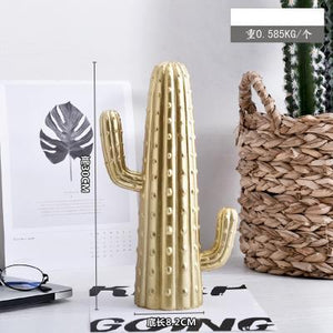 White / Gold Contemporary Resin Cactus Sculpture