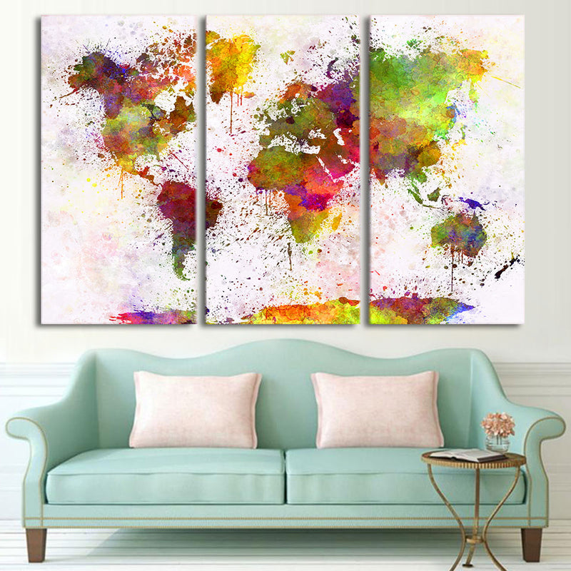 3-Piece Abstract Multi-Color World Map Canvas Wall Art