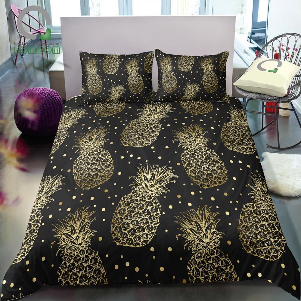 Black 2/3-Piece Gold Pineapple Pattern Duvet Cover Set