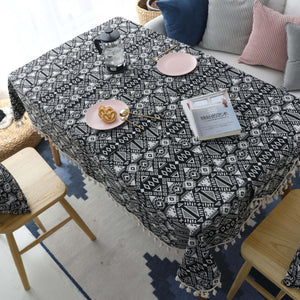 Black Geometric Bohemian Pattern Tablecloth w/ Tassels