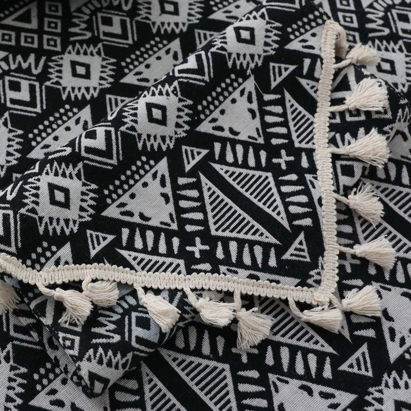 Black Geometric Bohemian Pattern Tablecloth w/ Tassels