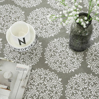 White Floral Medallion Pattern Cotton Linen Tablecloth