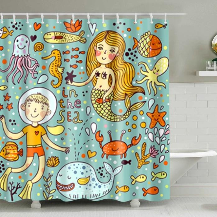 Kids Cartoon Mermaid Sealife Print Shower Curtain