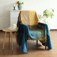 Blue / Gold Knitted Bohemian Plaid Tapestry Sofa Throw Cover