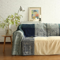 Blue / Green Knitted Bohemian Panel Tapestry Sofa Throw Cover