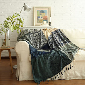 Blue / Green Knitted Bohemian Panel Tapestry Sofa Throw Cover