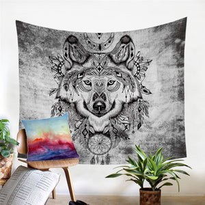 Black & White Tribal Wolf Wall Tapestry