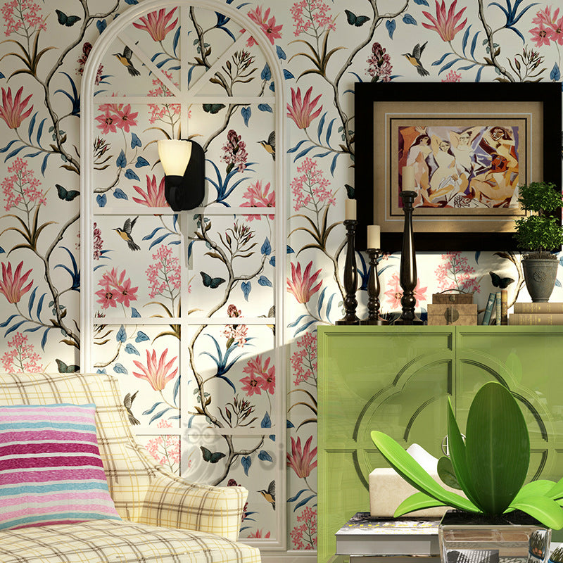 Floral Butterfly & Bird Chinoiserie Pattern Wallpaper