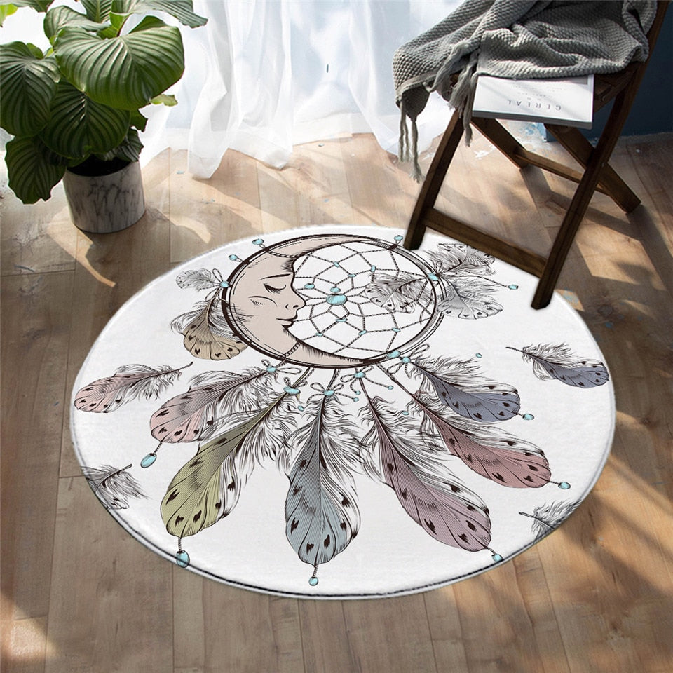 Round White Moon Dreamcatcher Print Floor Mat Rug
