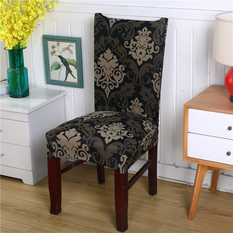 Black / Gold Floral Damask Pattern Dining Chair Cover
