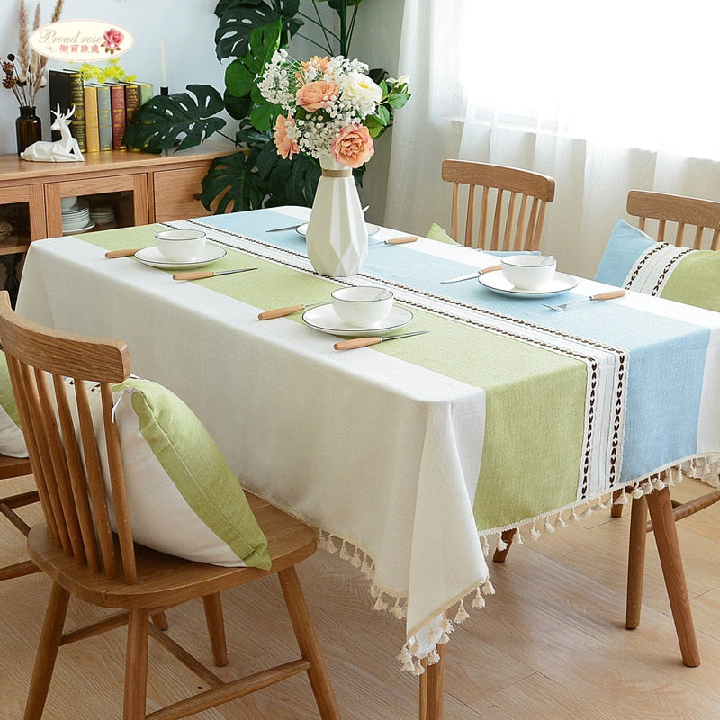 Blue / Green Ribbed Cotton Linen Tablecloth w/ Tassels