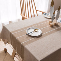 Beige Ribbed Cotton Linen Tablecloth w/ Tassels