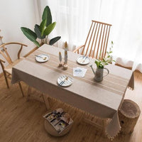 Beige Ribbed Cotton Linen Tablecloth w/ Tassels