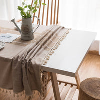 Beige Ribbed Cotton Linen Tablecloth w/ Tassels