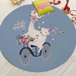 Round Cartoon Alpaca Print Floor Mat Rug