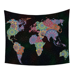 Black Bohemian Pattern World Map Wall Tapestry