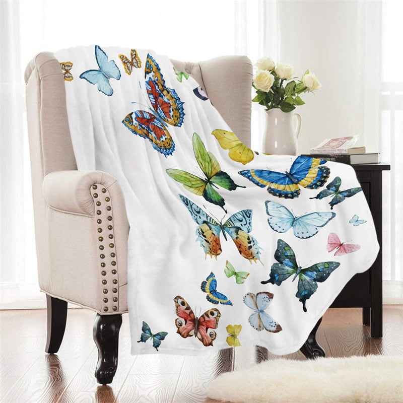 White Colorful Flying Butterflies Fleece Throw Blanket