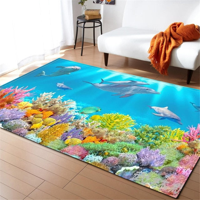 Underwater Dolphin / Fish Ocean Print Area Rug Floor Mat