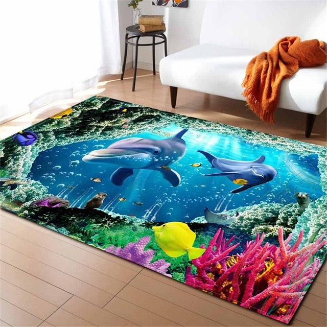 Underwater Dolphin / Fish Ocean Print Area Rug Floor Mat