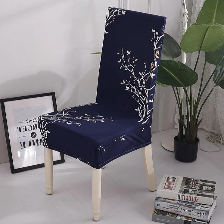 Dark Blue Floral Tree Branch Print Dining Chair Cover