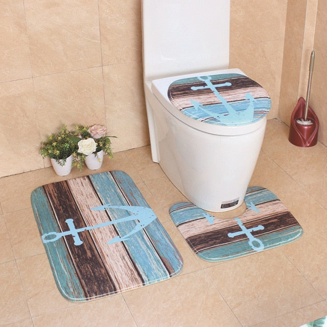 3-Piece Striped Nautical Anchor Bathroom Mat Set