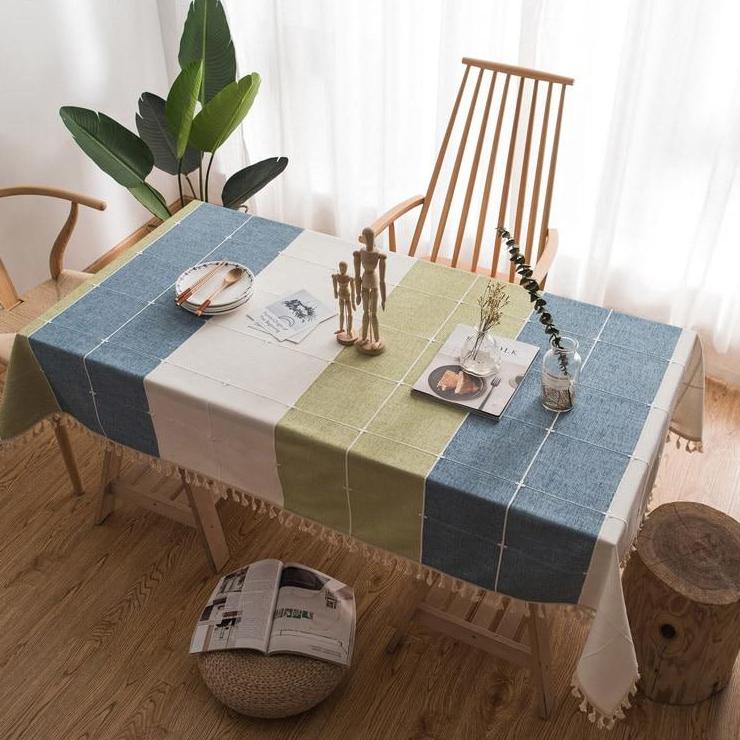 Blue / Green Grid Pattern Cotton Linen Tablecloth w/ Tassels