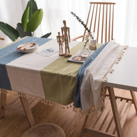 Blue / Green Grid Pattern Cotton Linen Tablecloth w/ Tassels