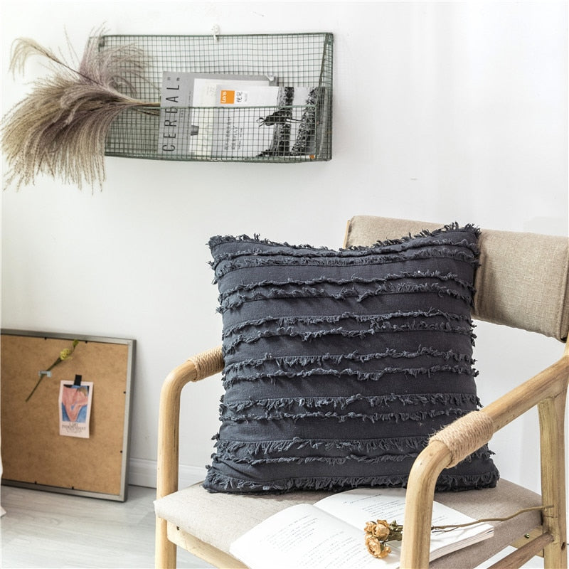 Solid Striped Fringe Throw Pillow Cushion Cover