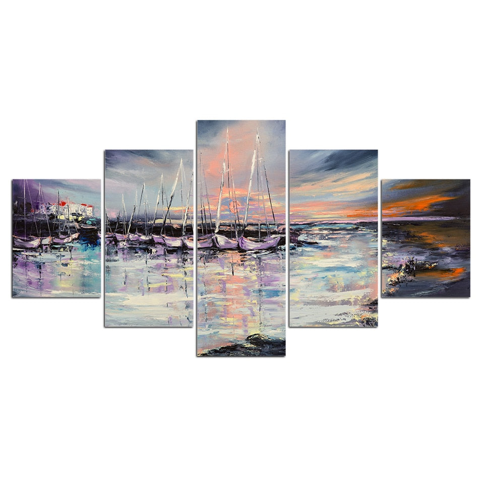 5-Piece Abstract Seaside Sailboat Dock Canvas Wall Art