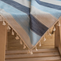 Blue Striped Cotton Linen Tablecloth w/ Tassels