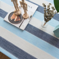 Blue Striped Cotton Linen Tablecloth w/ Tassels