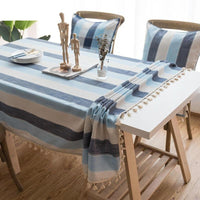 Blue Striped Cotton Linen Tablecloth w/ Tassels