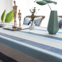 Blue Striped Cotton Linen Tablecloth w/ Tassels