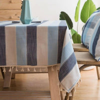 Blue Striped Cotton Linen Tablecloth w/ Tassels