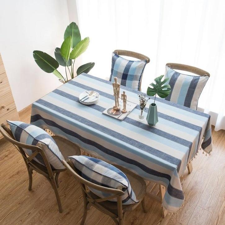 Blue Striped Cotton Linen Tablecloth w/ Tassels