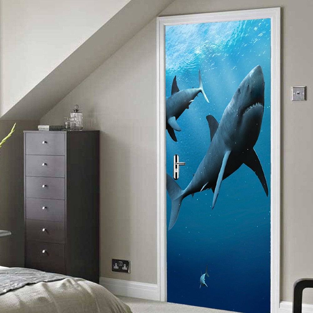 Deep Blue Sea Shark 3D Door Mural Sticker