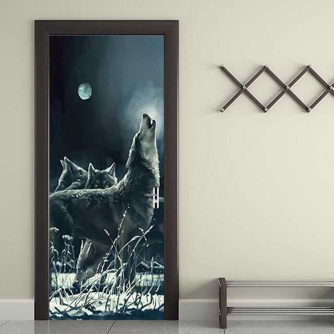 Howling Night Wolf 3D Door Mural Sticker