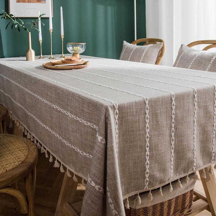 Beige Chain Striped Cotton Linen Tablecloth w/ Tassels