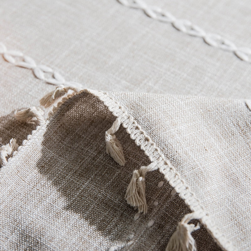 Beige Chain Striped Cotton Linen Tablecloth w/ Tassels