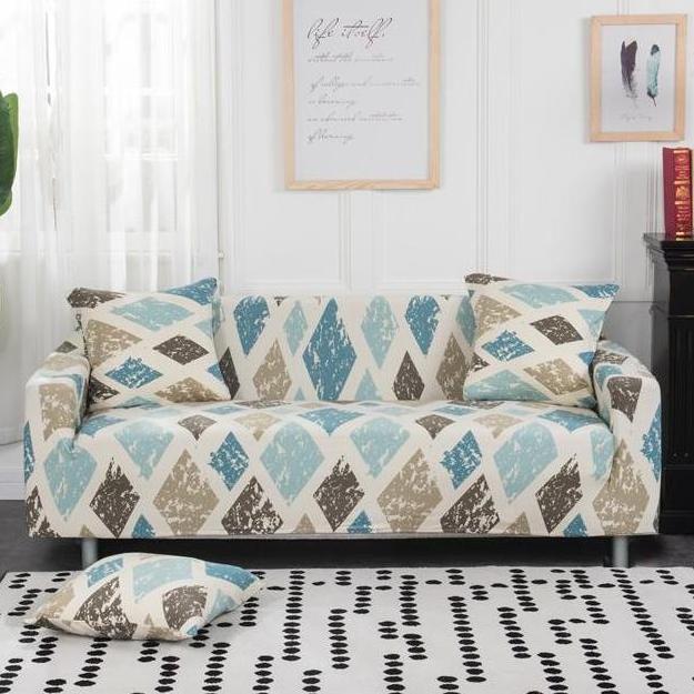 Brown / Blue Diamond Pattern Sofa Couch Cover
