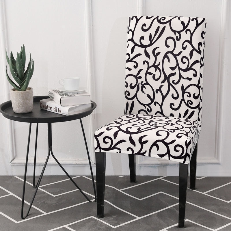 Black & White Floral Vine Pattern Dining Chair Cover