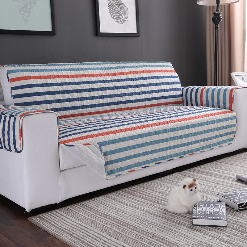 Blue / Orange Stripe Quilted Sofa Couch Protector Cover