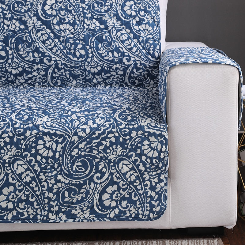 Blue Floral Paisley Quilted Sofa Couch Protector Cover