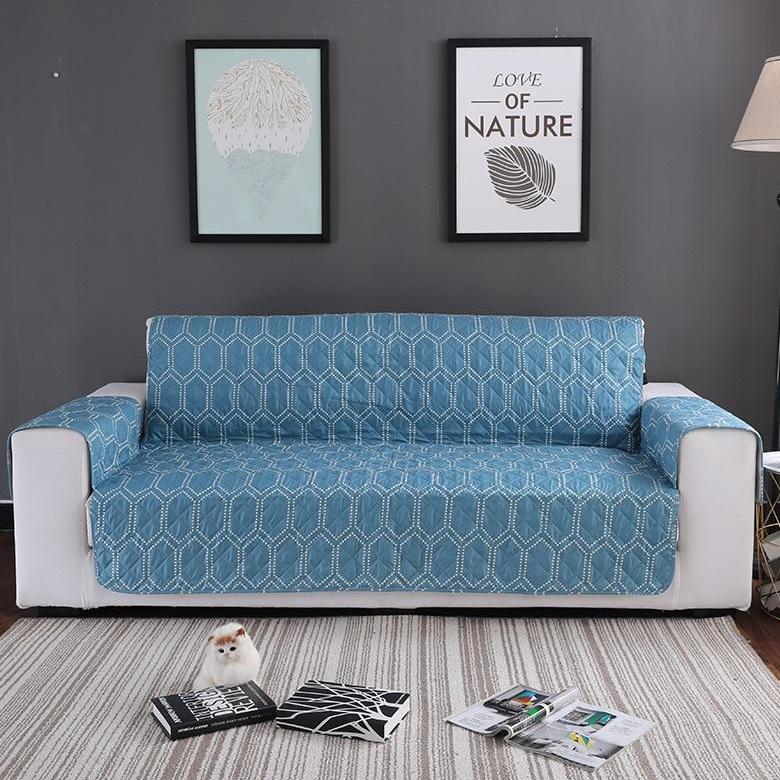 Teal Blue Hex Pattern Quilted Sofa Couch Protector Cover