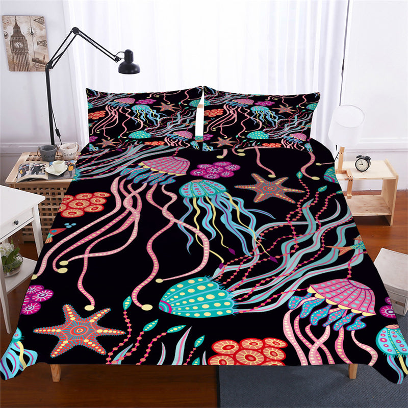 2/3-Piece Black Multi-Color Jellyfish Print Duvet Set