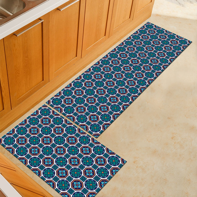 Teal Blue Floral Mosaic Pattern Door Mat / Floor Runner