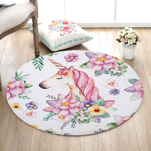 Round Pink Floral Unicorn Print Floor Mat Rug