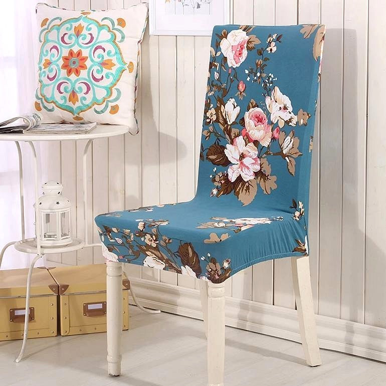 Teal Blue Cherry Blossom Pattern Dining Chair Cover