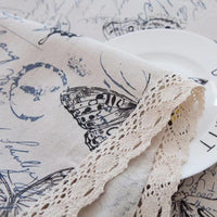 Vintage Butterfly Print Cotton Linen Tablecloth w/ Lace